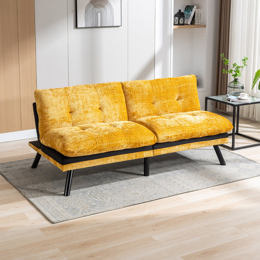 Convertible Sofa Bed Loveseat Futon Bed Adjustable Lounge Couch with Metal Legs, Breathable Chenille-Yellow. Perfect for Compact Living Spaces.