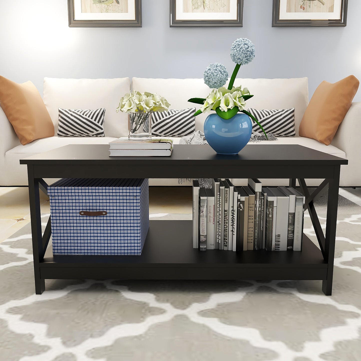 Coffee Table Oxford End Table-Black Color: Sleek and Modern Design, Perfect for Living Room Décor, 2-tier Storage, Sturdy Construction, 40x20x18 inches