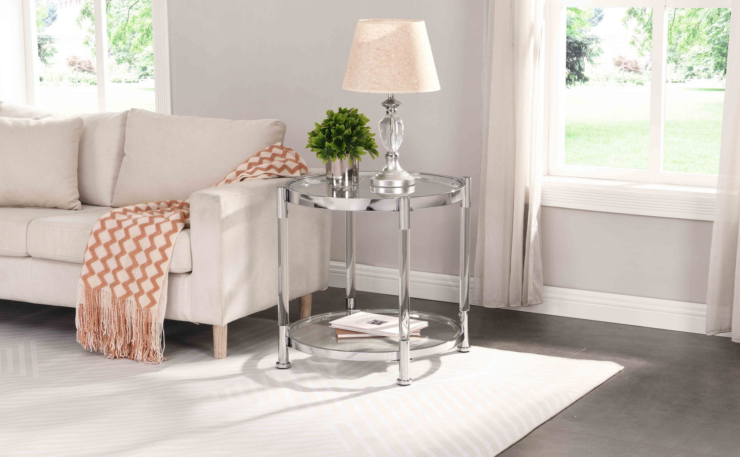 Contemporary Acrylic End Table with Tempered Glass Top, Chrome/Silver for Living Room & Bedroom