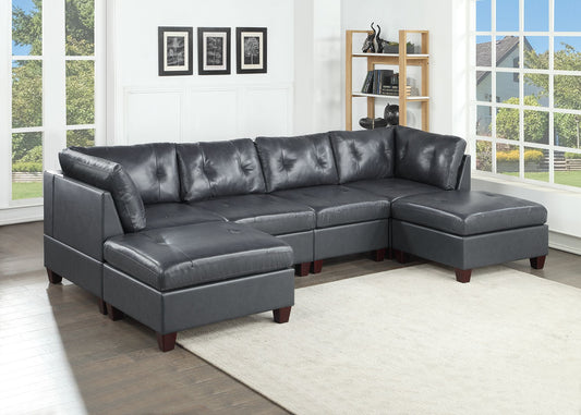 Genuine Leather Black Tufted 6pc Sectional Set - Corner Wedge, Armless Chair, Ottomans - Living Room Furniture Sofa Couch