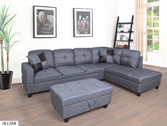 3 PC Sectional Sofa Set, (Gray) Linen LEFT-Facing Chaise with Free Storage Ottoman - Comfortable and Stylish Furniture for Your Living Room