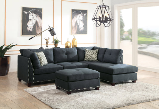 Laurissa Sectional Sofa & Ottoman in Dark Blue Linen - Comfortable & Stylish Furniture Set with 2 Pillows - 54365