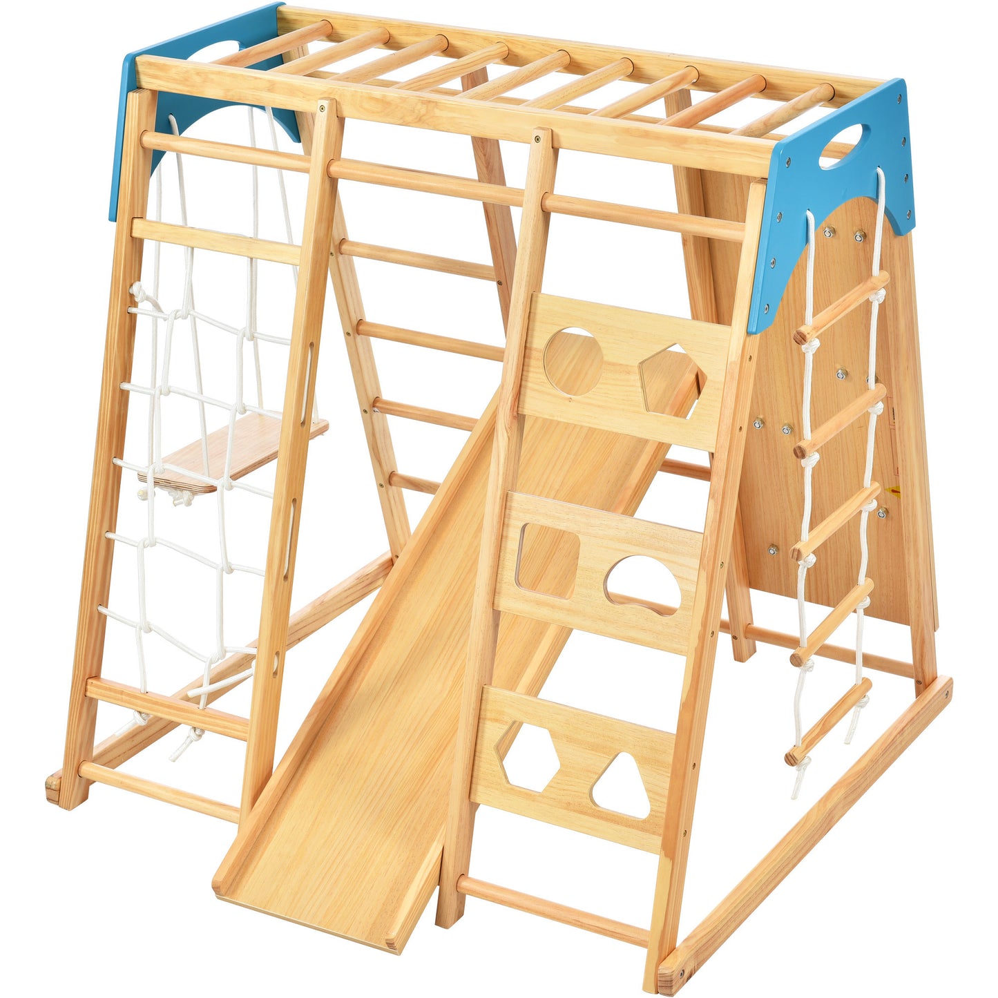 Wooden Indoor Kids Playground Jungle Gym with Slide, 8-in-1 Playset, Rock Climbing Wall, Monkey Bars, and Swing - Toddlers Wooden Climber with Rope Wall Climb - Color & Size Options Available