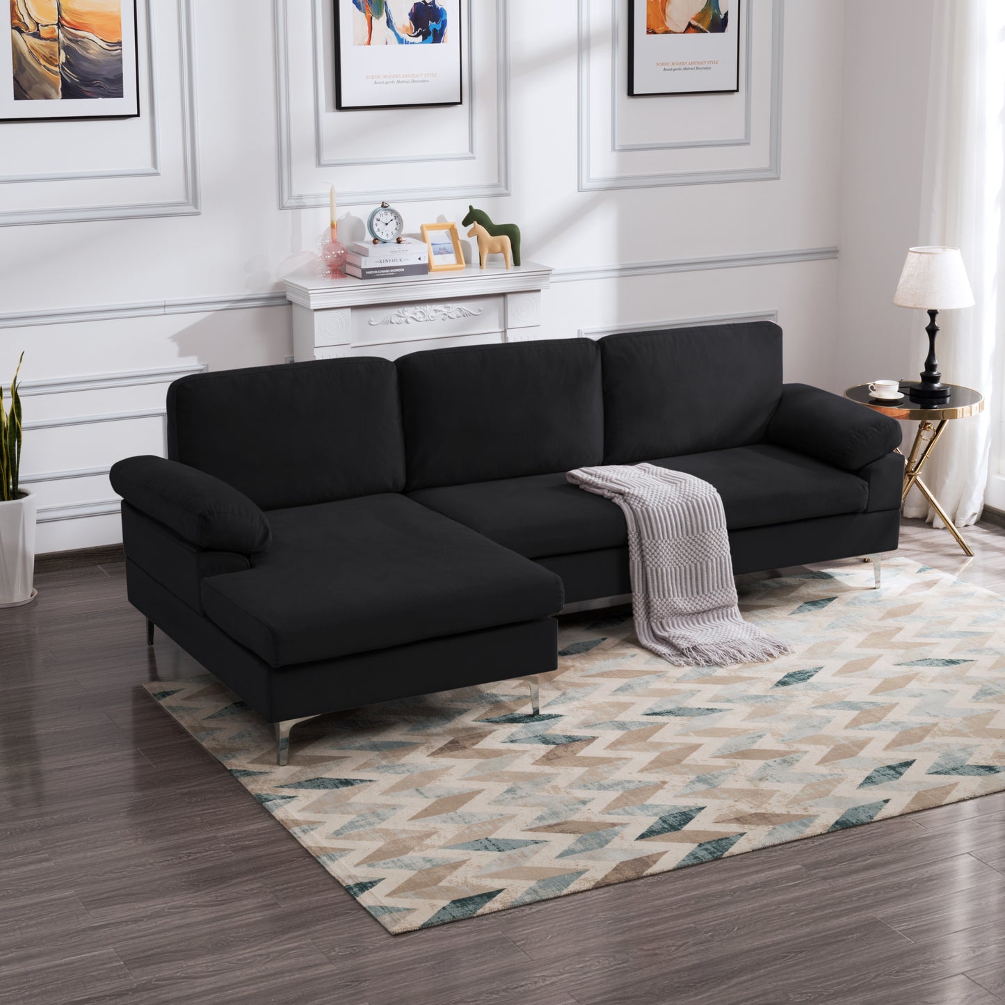 Sectional Sofa Black Velvet Left Hand Facing (Size difference, See Details in Page)