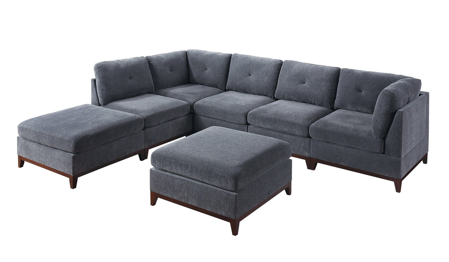 Ash Grey Chenille Fabric Modular Sectional 7pc Set Living Room Furniture U-Sectional Couch 2x Corner Wedge 3x Armless Chairs and 2x Ottomans Tufted Back Wooden Base