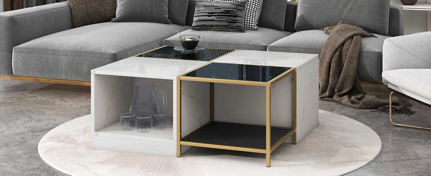 Modern 2-Layer Coffee Table with Metal Frame, High Gloss White Marble Finish | Simply Assemble, Square Corner Tables for Living Room | 31.5”x 31.5”