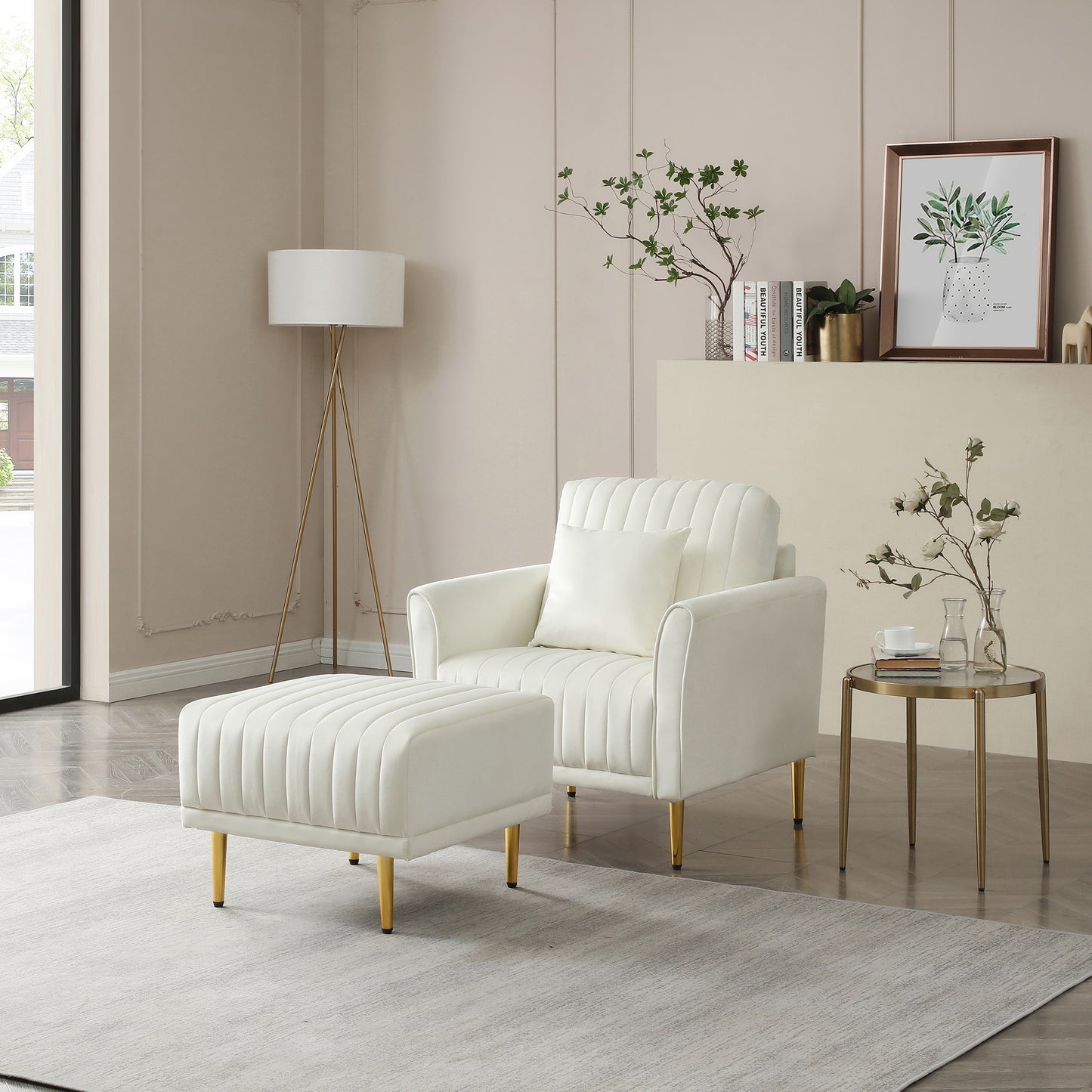 Contemporary Velvet Accent Chair & Ottoman Set with Deep Channel Tufting - Cream Upholstery