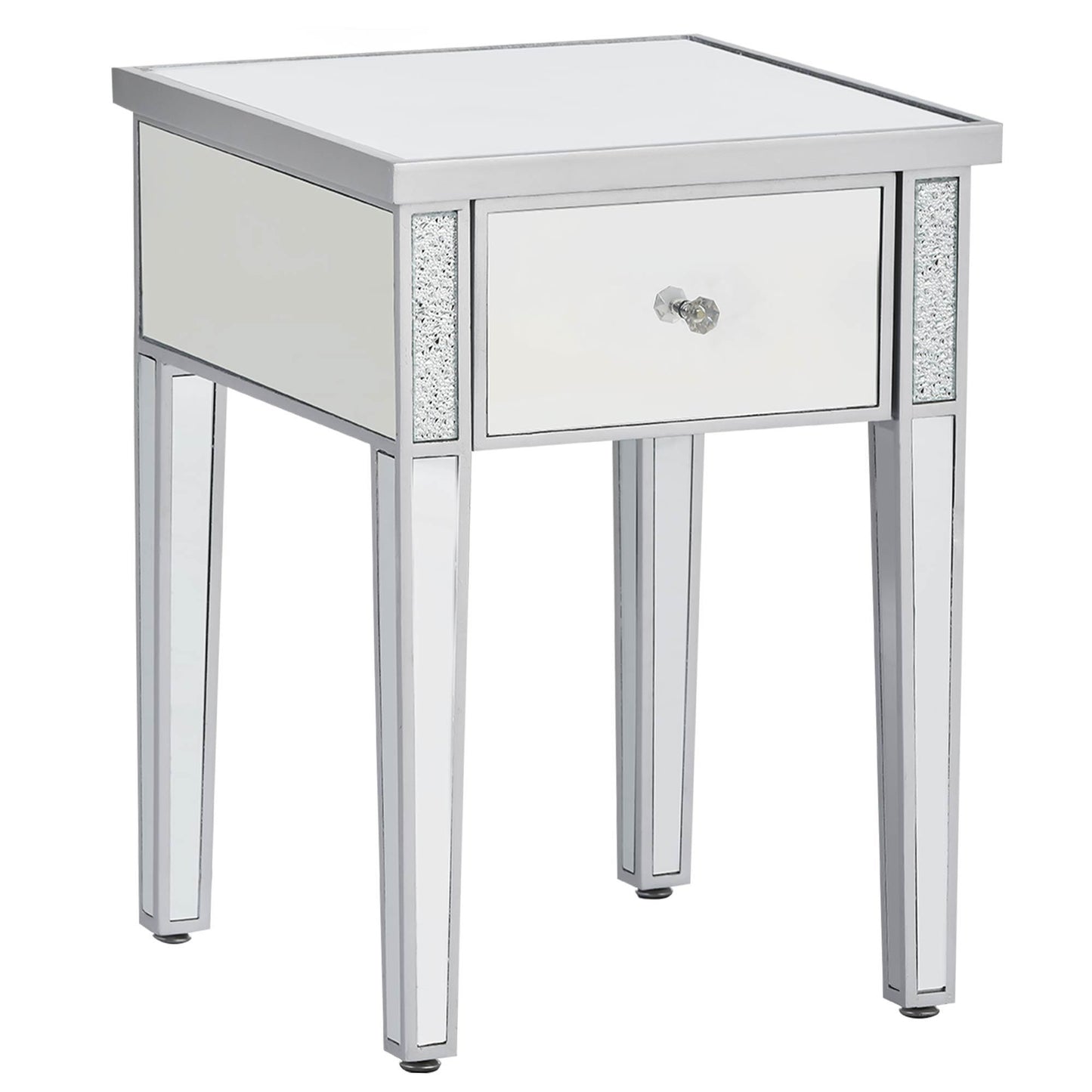 ON-TREND Modern Glass Mirrored End Table with Drawer, Crystal Handles, Adjustable Height Legs - Silver