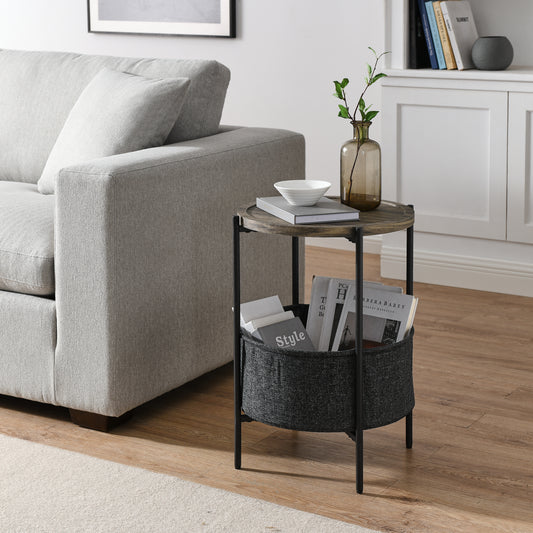 Modern Accent End Table with Storage Basket, Grey Cloth Bag, Brown Top (18"x18"x24")