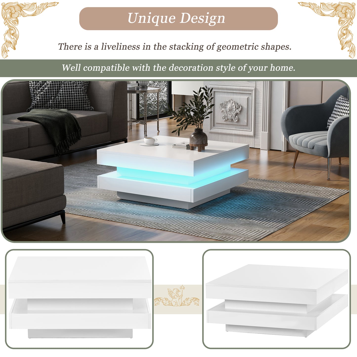 ON-TREND High Gloss 2-Tier Square Coffee Table with 16-color LED Lights, for Living Room, 31.5”x31.5”x14.2”, White