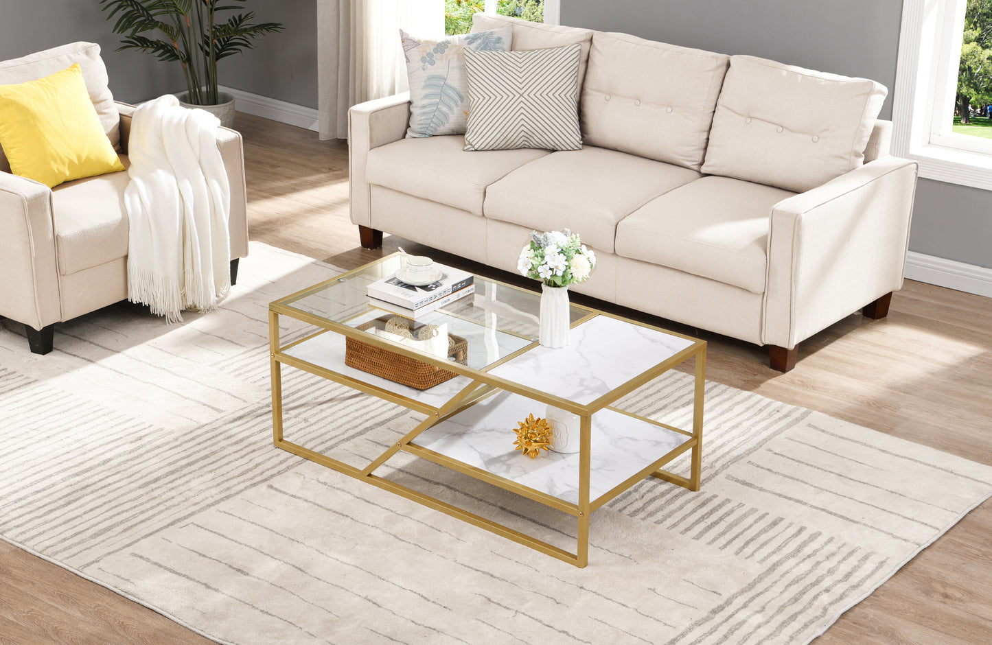 Golden Coffee Table with Storage Shelf - Tempered Glass & Metal Frame - Ideal for Living Room & Bedroom - Stylish and Functional Furniture for Home Décor - Available in Various Sizes and Colors