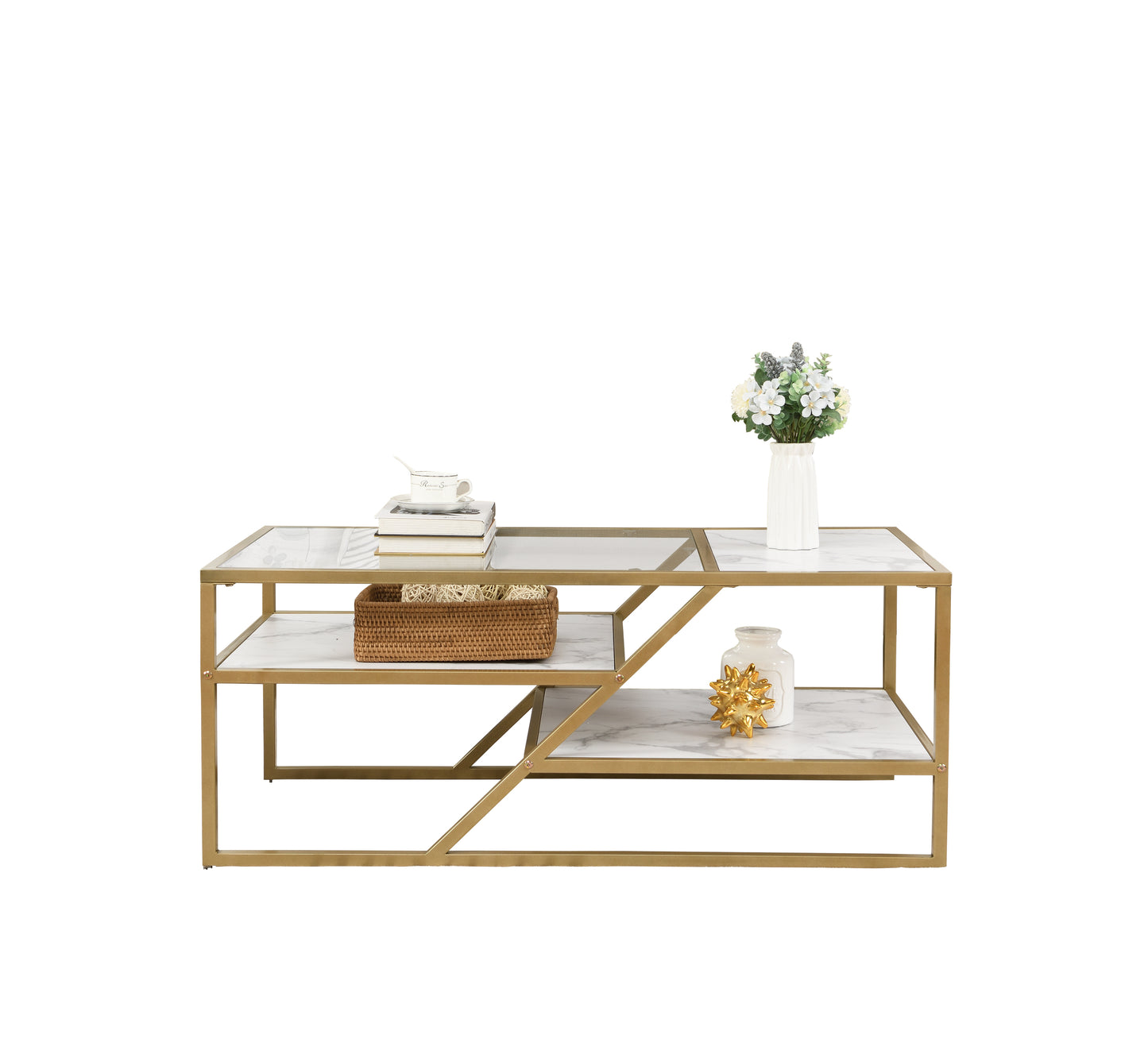 Golden Coffee Table with Storage Shelf - Tempered Glass & Metal Frame - Ideal for Living Room & Bedroom - Stylish and Functional Furniture for Home Décor - Available in Various Sizes and Colors