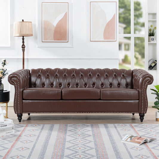 84.65" Dark Brown PU Rolled Arm Chesterfield Three Seater Sofa - Stylish and Spacious Upholstered Couch with Classic Design