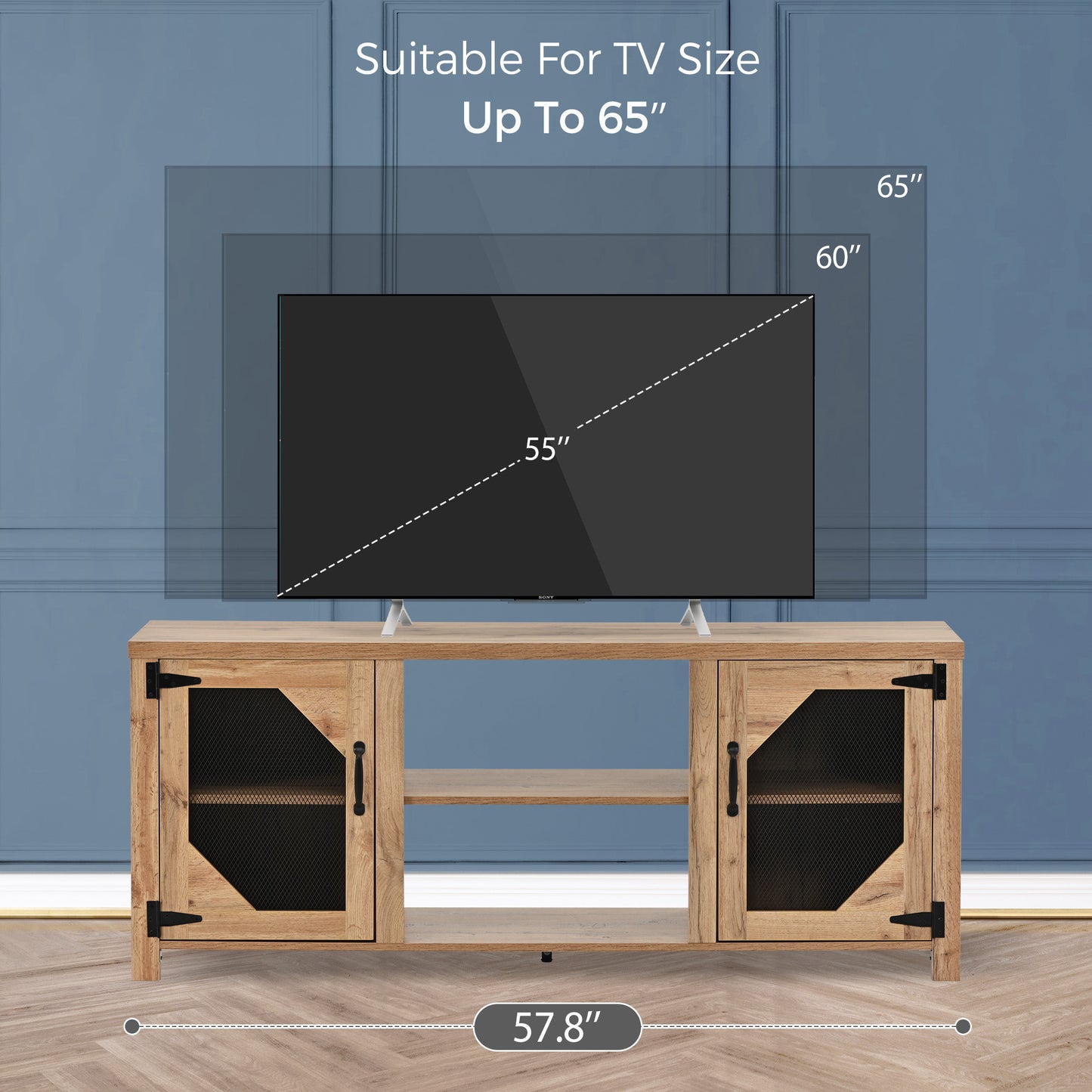 Modern TV Stand with Large Storage Space, Adjustable Shelves, Magnetic Cabinet Door - Entertainment Center for 65'' TV in Living Room, Bedroom (White, 3 Levels)