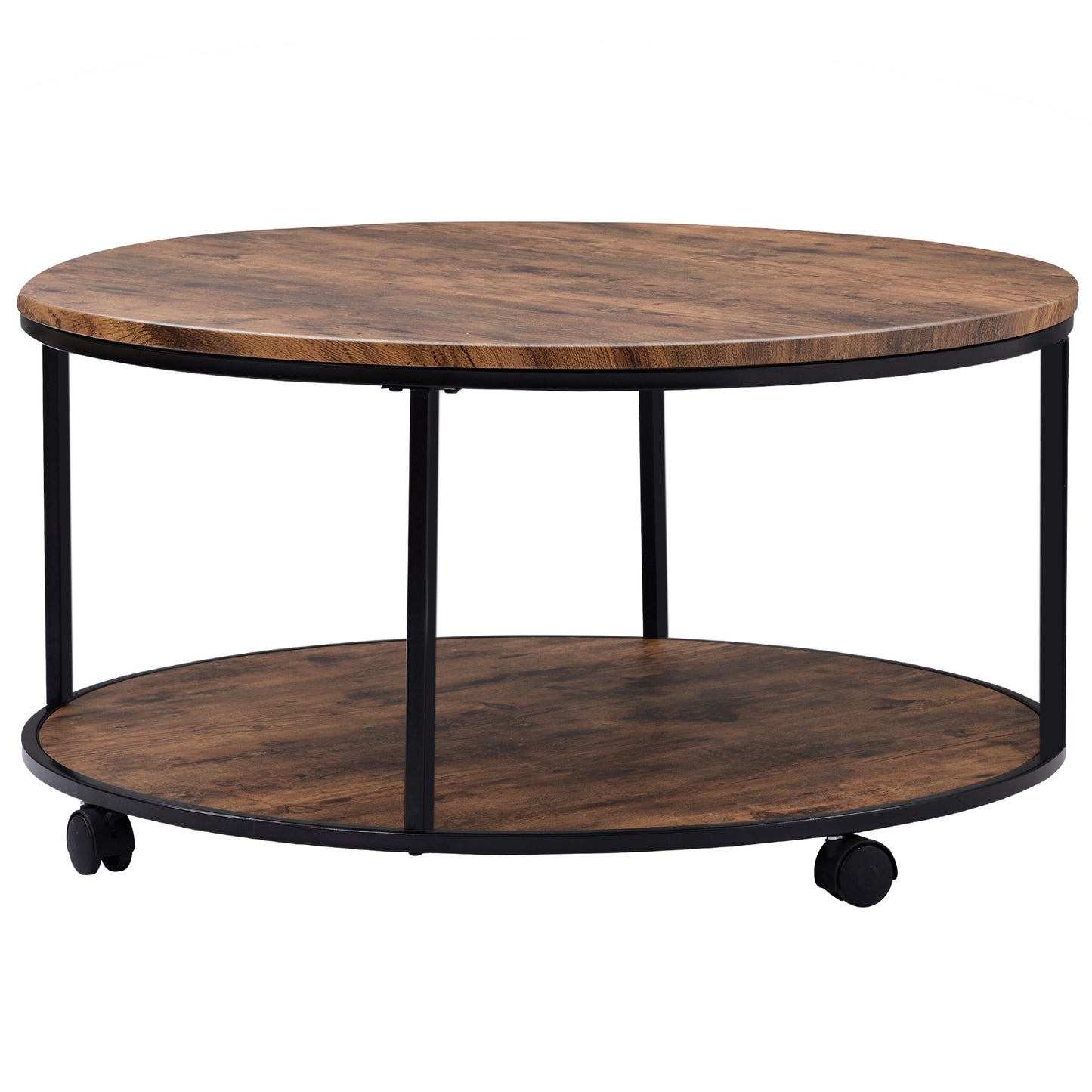 ON-TREND Round Coffee Table with Caster Wheels and Wood Textured Surface, Distressed Brown, φ35.5” for Living Room