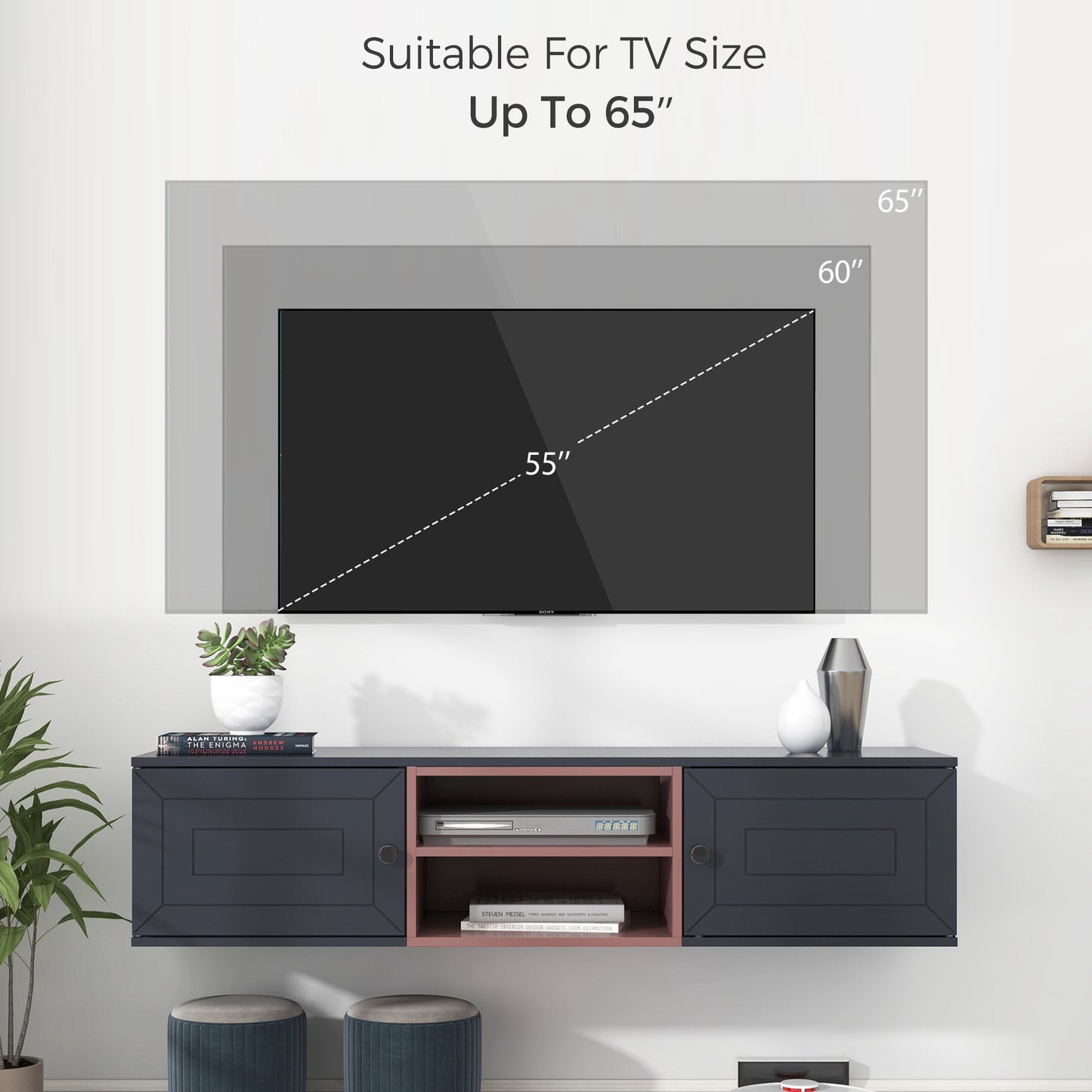 Wall Mounted 60" Floating TV Stand with Ample Storage, Adjustable Shelves, Magnetic Cabinet Door, Cable Management - Multiple Colors & Sizes