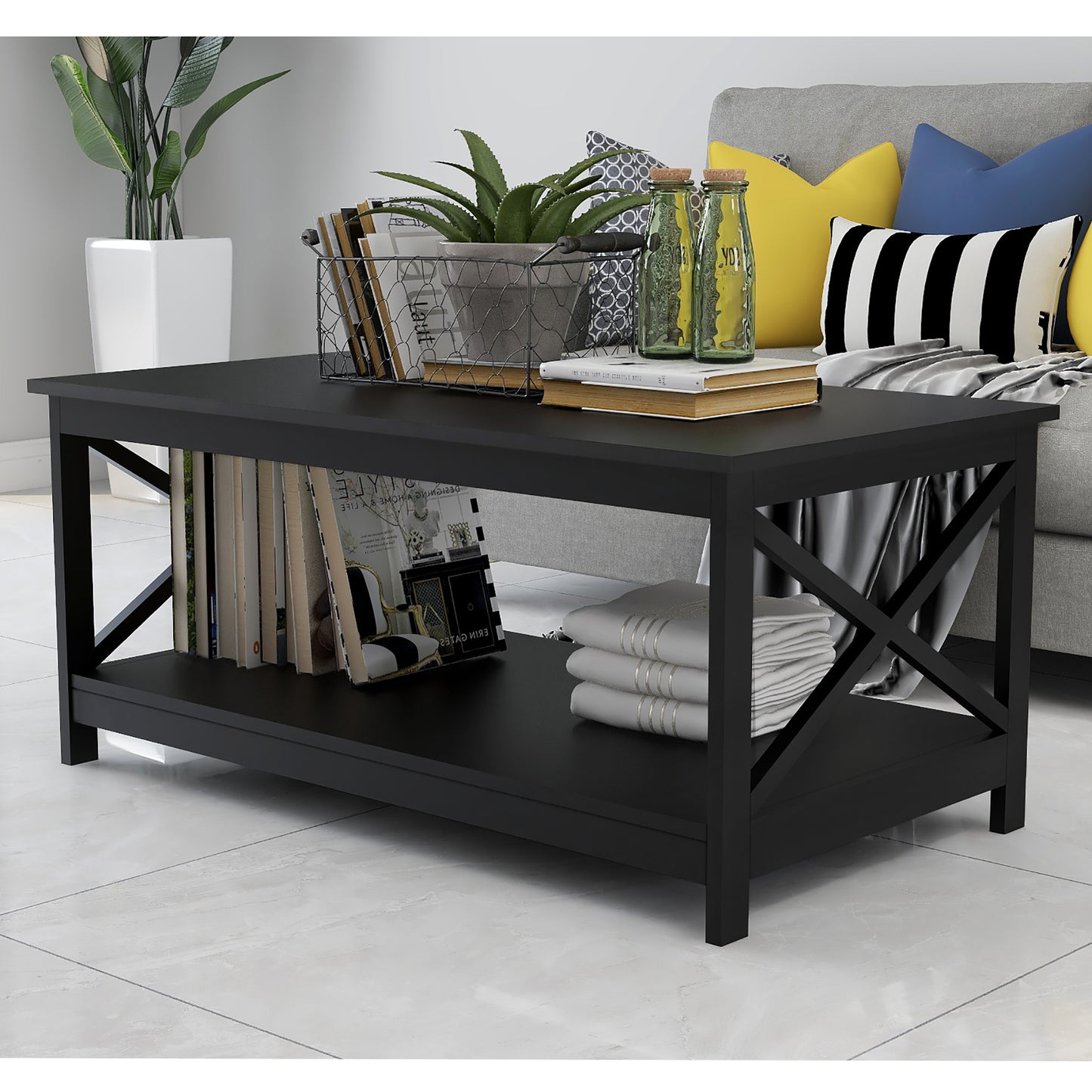 Coffee Table Oxford End Table-Black Color: Sleek and Modern Design, Perfect for Living Room Décor, 2-tier Storage, Sturdy Construction, 40x20x18 inches